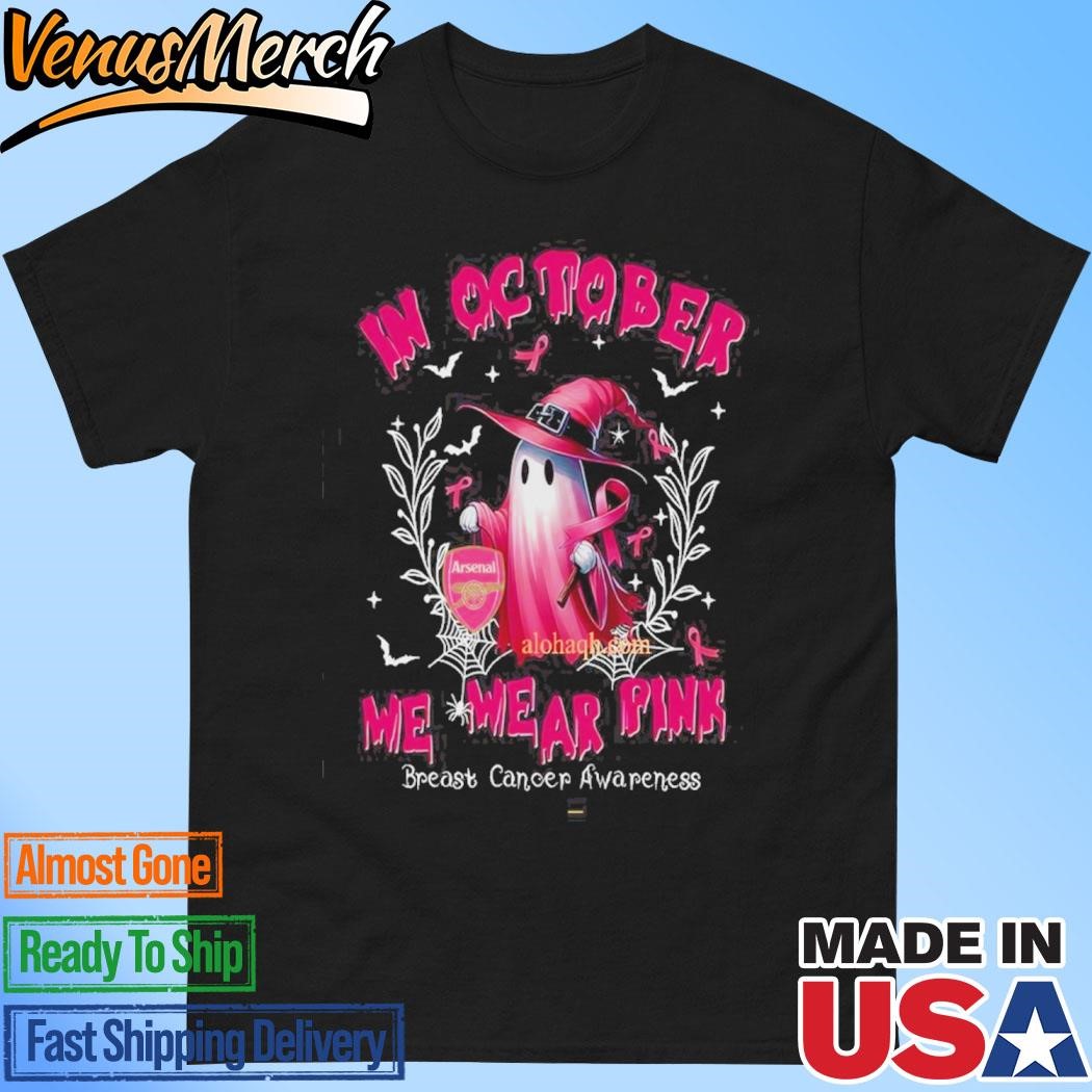 Official EPL Arsenal In October We Wear Pink Ghost Witch Breast Cancer Awareness T-Shirt