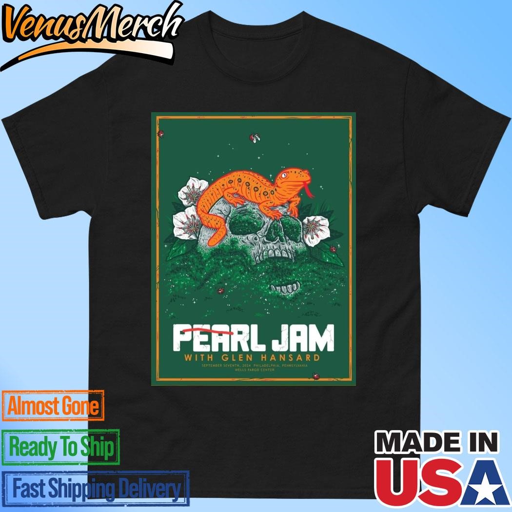 Official Pearl Jam With Glen Hansard Night 1 In Philadelphia Event Poster At PA Wells Fargo Center On September 7 Dark Matter World Tour 2024 Orange Lizard Artwork Shirt